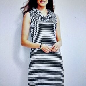 Talbots Black & White Striped Sleeveless Ruffle-Neck Midi Dress